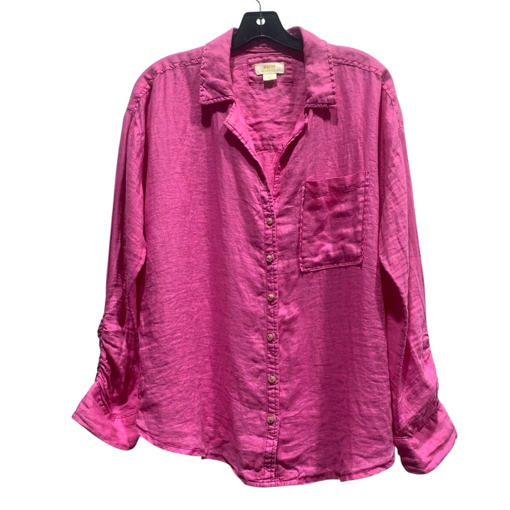 Maeve Anthropologie Hot Pink 100% Linen Ruched Sleeve Button Down‎ Shirt Large
